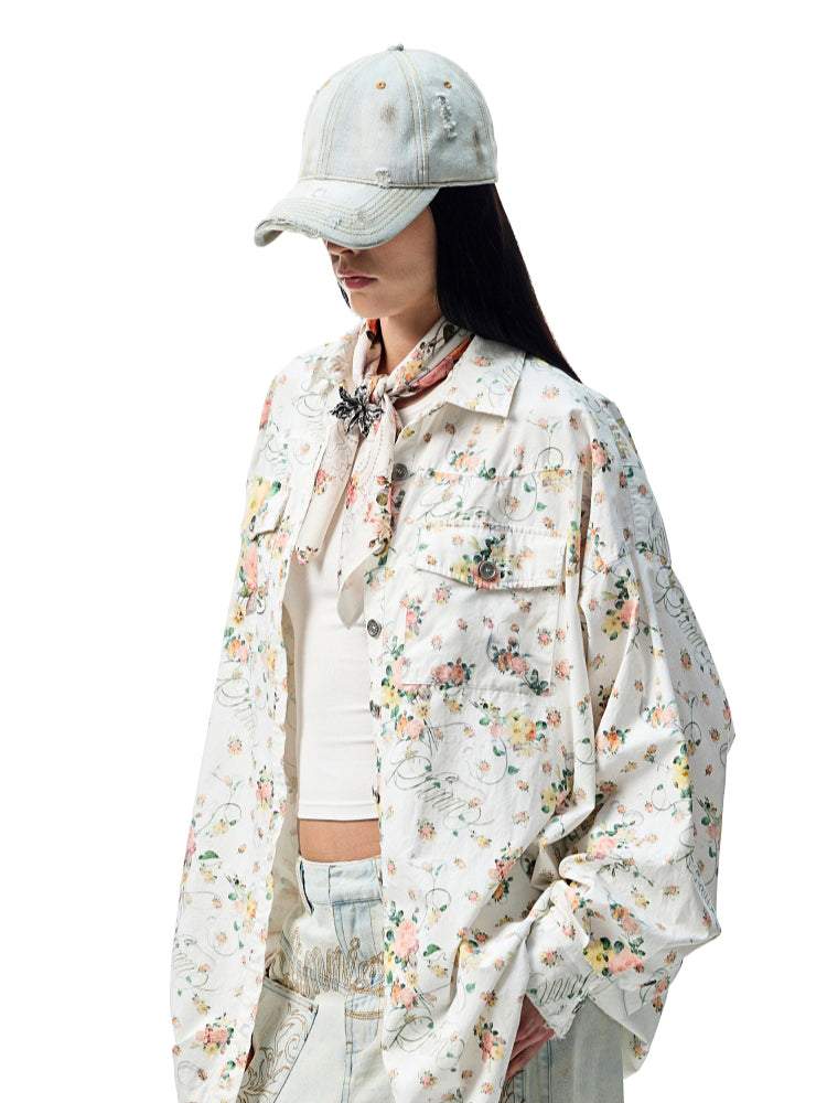 Retro Floral Print Satin Square Scarf
