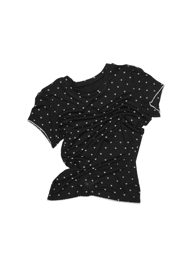 Polka Dot Cat Paw Round Neck T-shirt