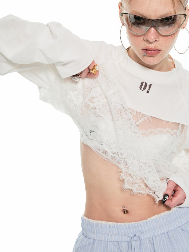 White Lace Raglan Sleeve T-shirt