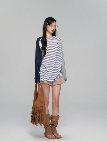 Color-block Striped Round-neck T-shirt