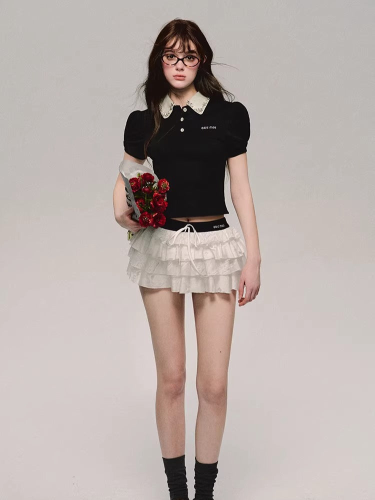 Embroidered Tiered Puff Mini Skirt