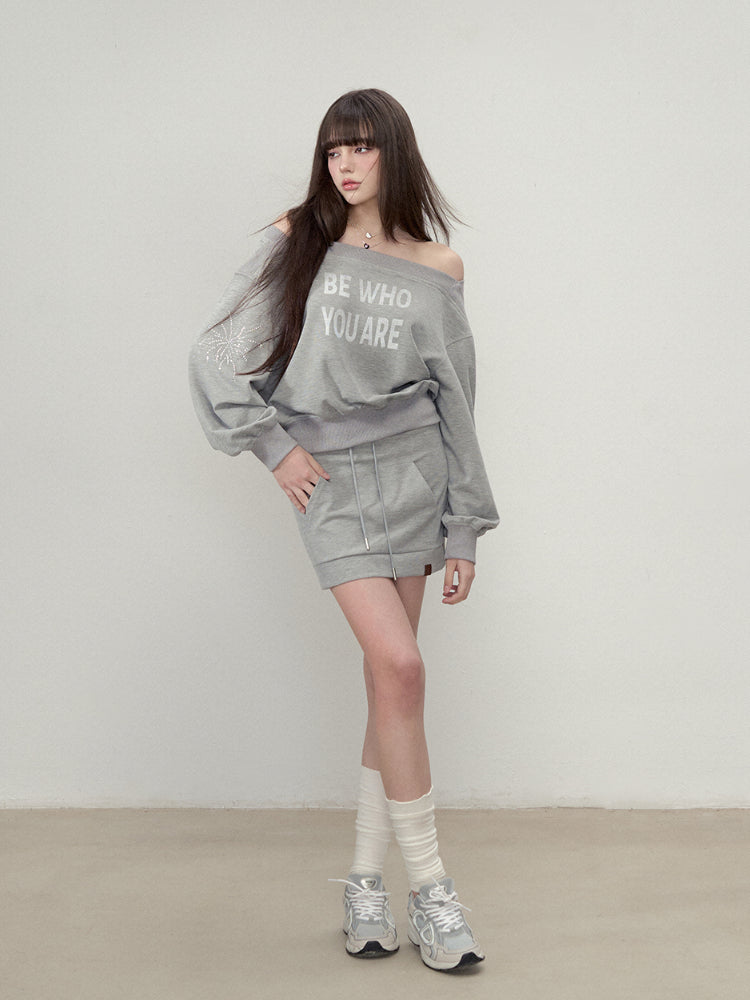 Rhinestone Letter One-Shoulder Sweatshirt &amp; Skirt Set