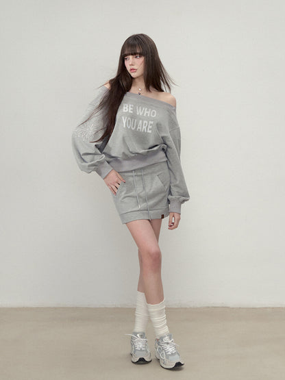 Rhinestone Letter One-Shoulder Sweatshirt &amp; Skirt Set