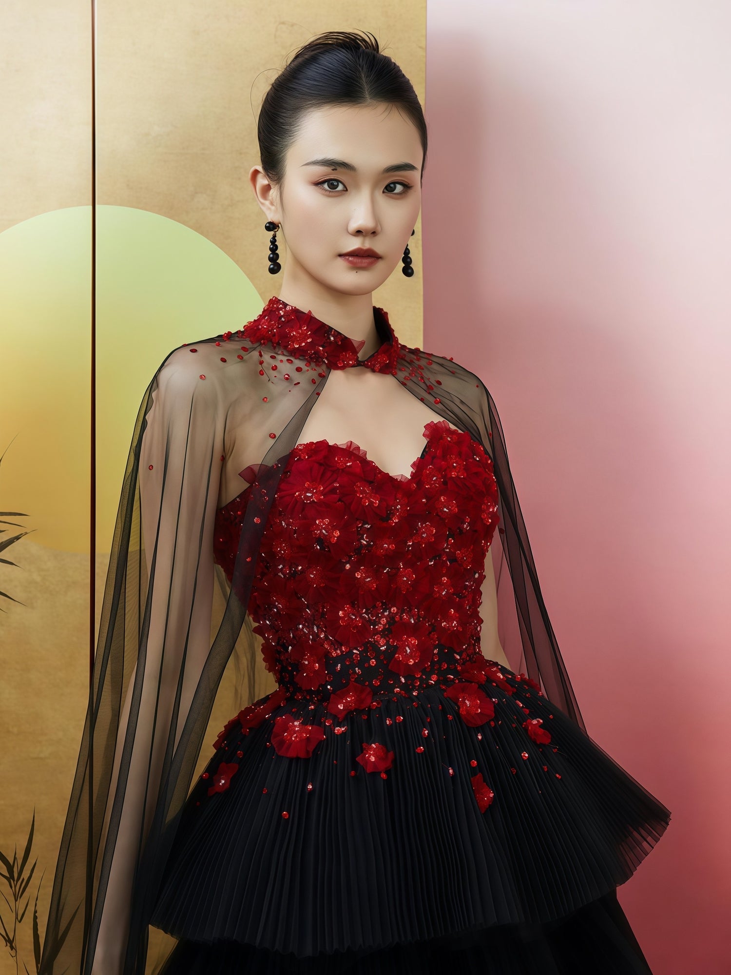 Crimson Noir Embellished Tiered Tulle Gown