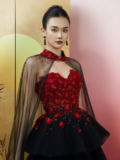 Crimson Noir Embellished Tiered Tulle Gown