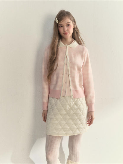 Sweet Pink Gingham Doll Collar Knit Cardigan