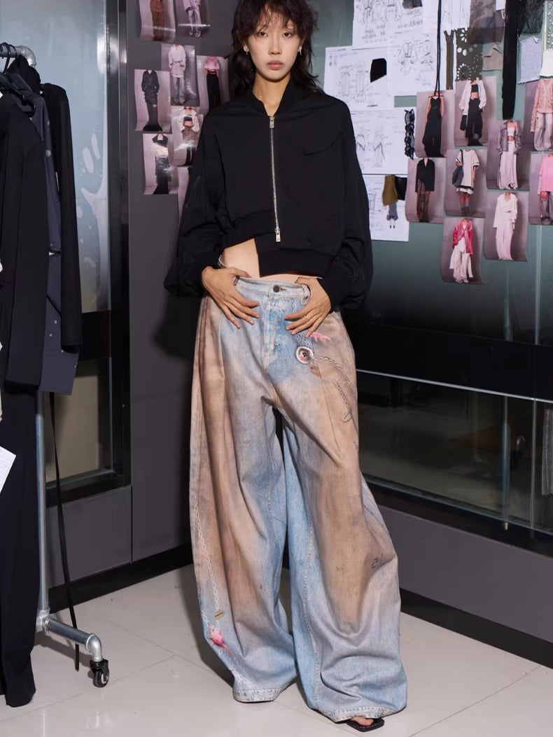3D Ocean Print Oversized Denim Pants