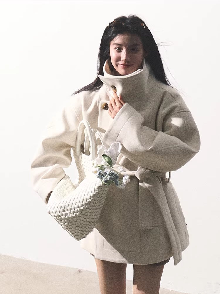 Stand-Collar Wool Short Coat
