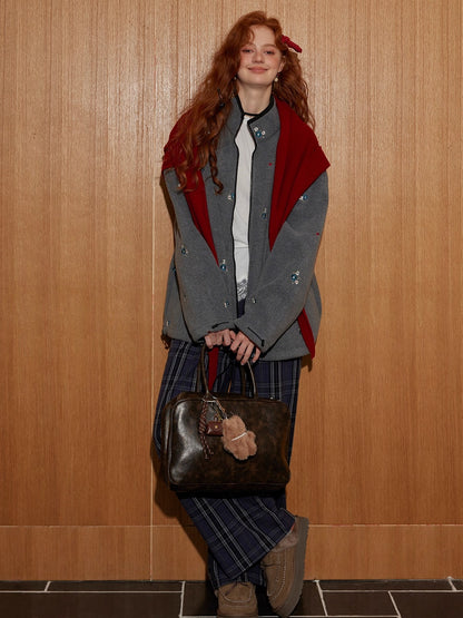 Floral Embroidered Plaid Fleece Oversized Jacket