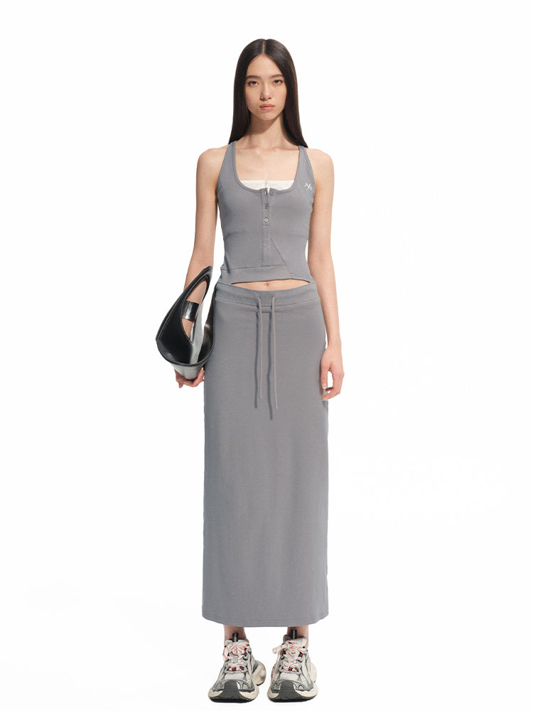 Contrast Color Fake Two-piece Waist Hollow Dress - CHINASQUAD