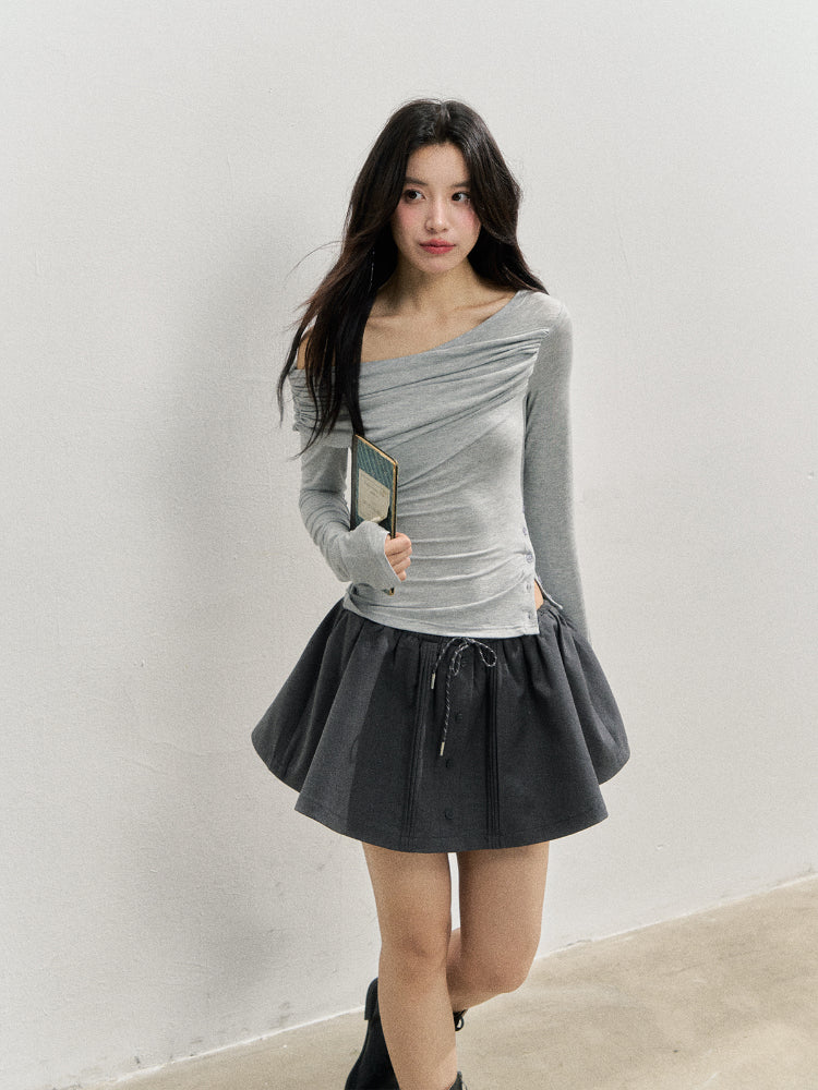 Asymmetric Shoulder Voluminous Ruched T-Shirt - CHINASQUAD