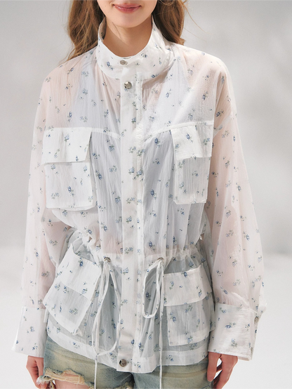 Floral Sheer Batwing Sleeve Utility Jacket