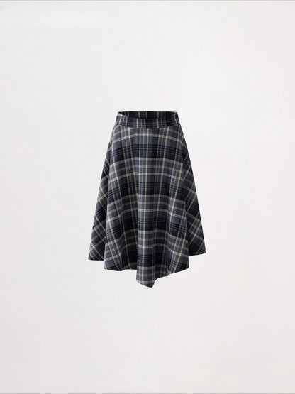 Asymmetrical Wool Plaid Midi Skirt