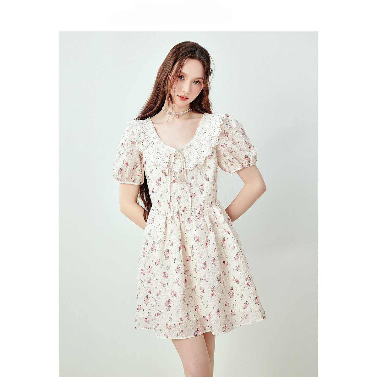 White Floral Doll Collar A-line Dress