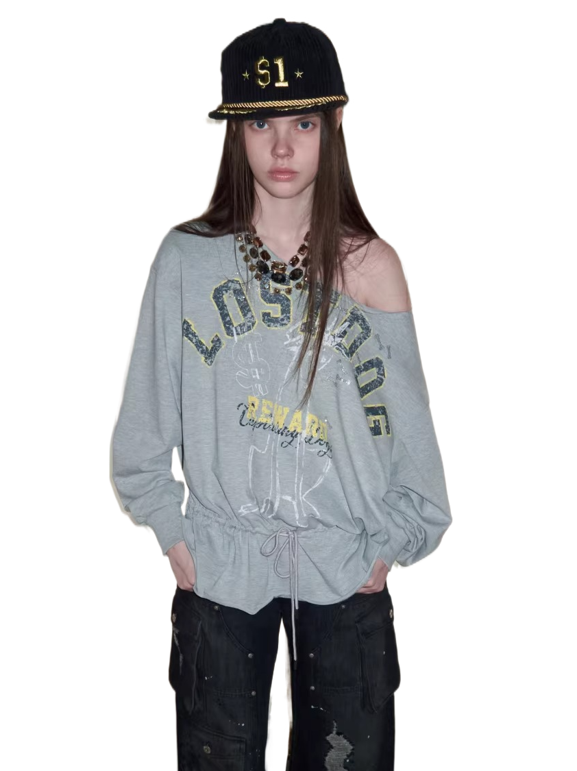 Asymmetric Graphic Drawstring Hoodie