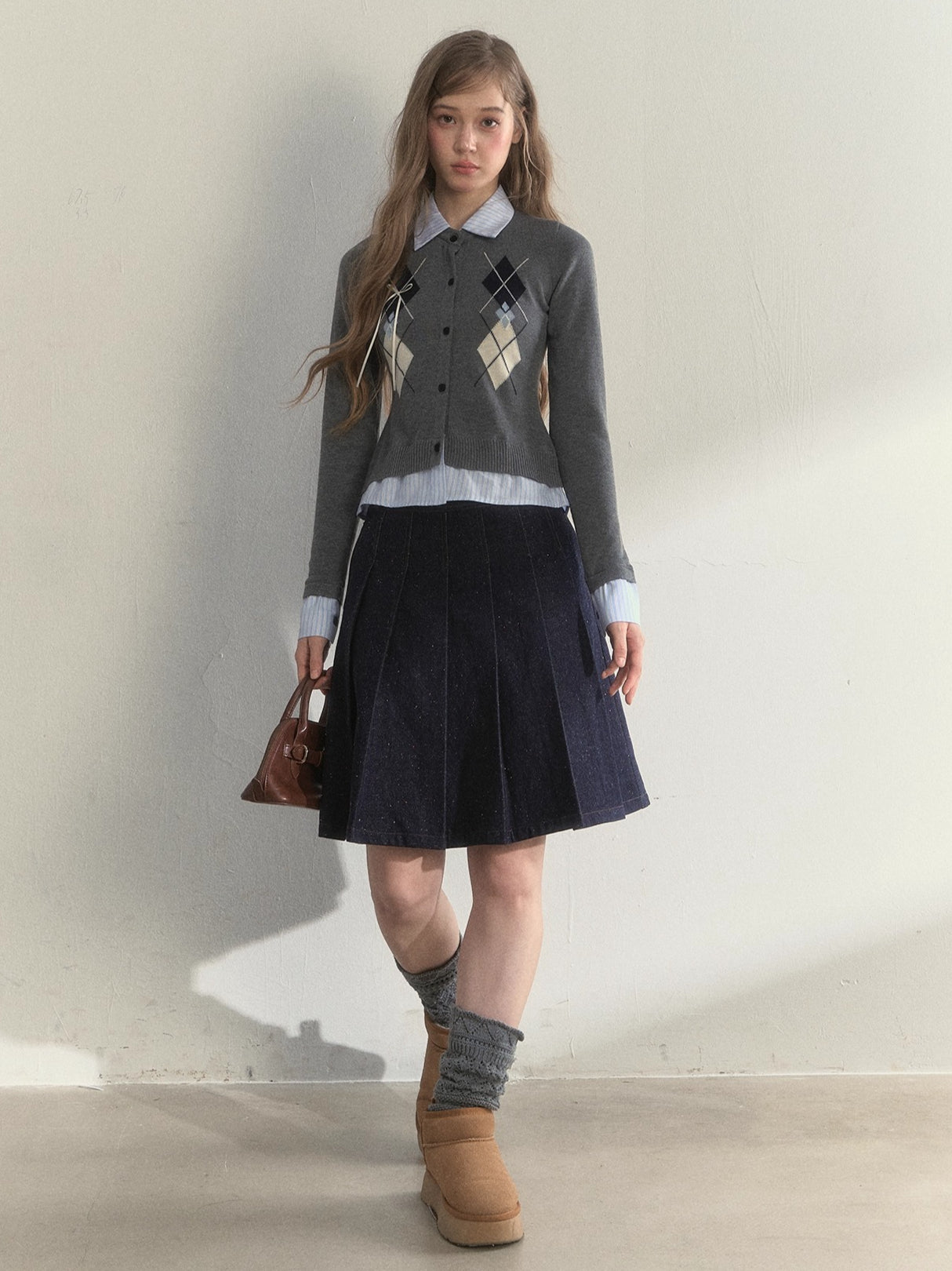Layered Argyle Shirt Collar Knit Cardigan