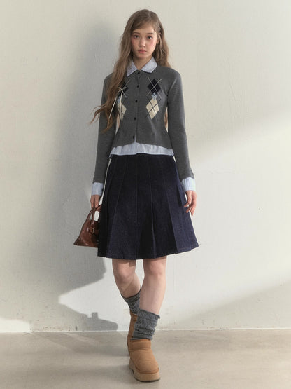 Layered Argyle Shirt Collar Knit Cardigan