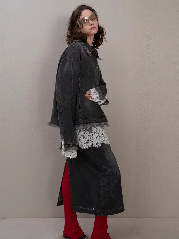 Layered Ribbed Lace-Trim Crewneck T-Shirt