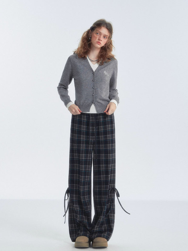 Plaid Drawstring Bowknot Pants