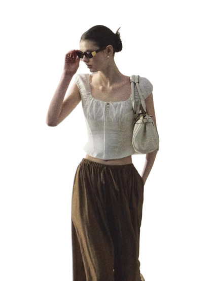 Ruched Waist Puff Sleeve Cropped T-shirt