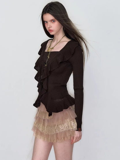 Faux Ruffle Detail Layered Knit Top