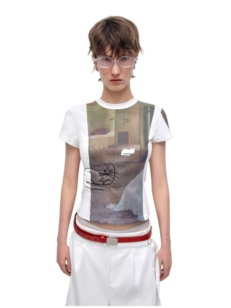 3D Cat Embroidery Shoulder Short Sleeve