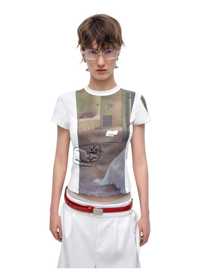 3D Cat Embroidery Shoulder Short Sleeve
