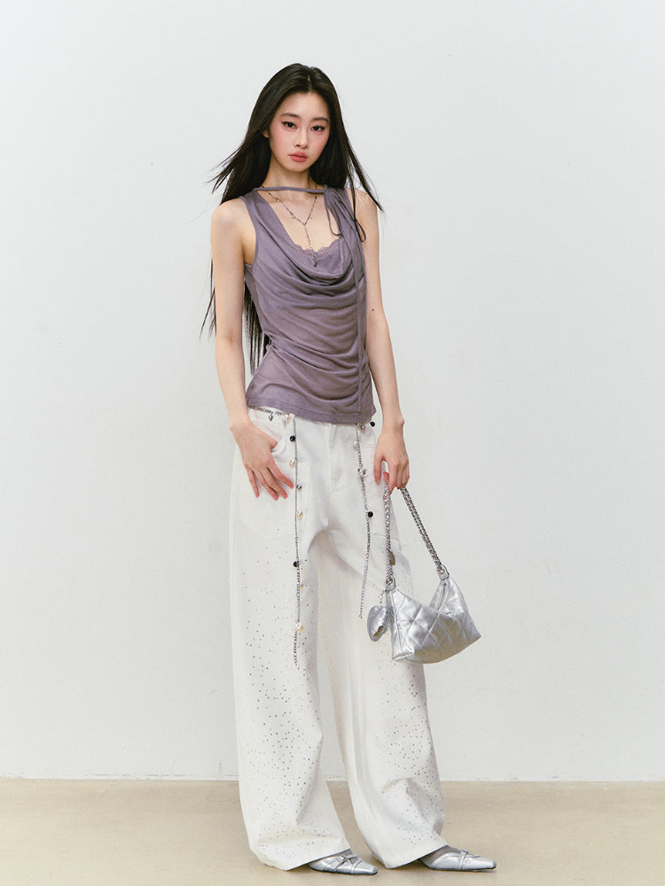 Fake Two-piece Spliced Lace Swing-neck Tank Top