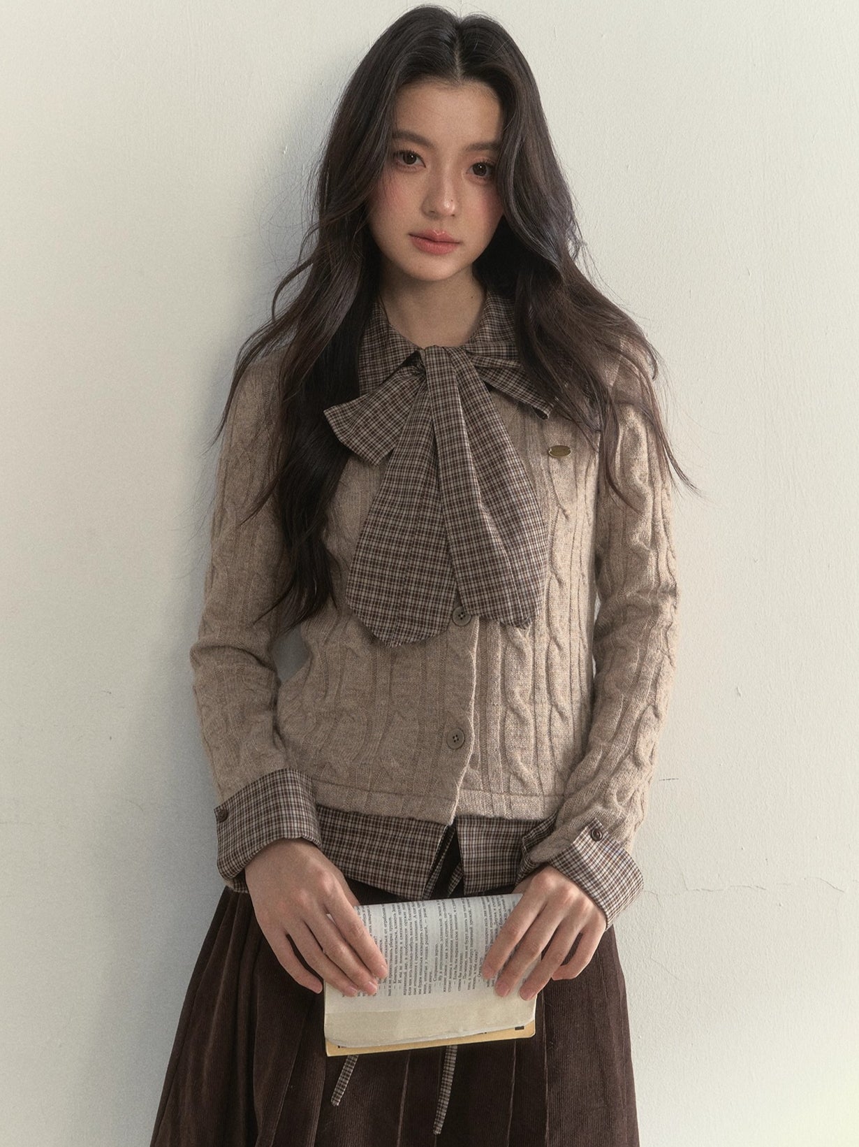 Retro Bow-Tie Preppy Layered Cable Knit Cardigan
