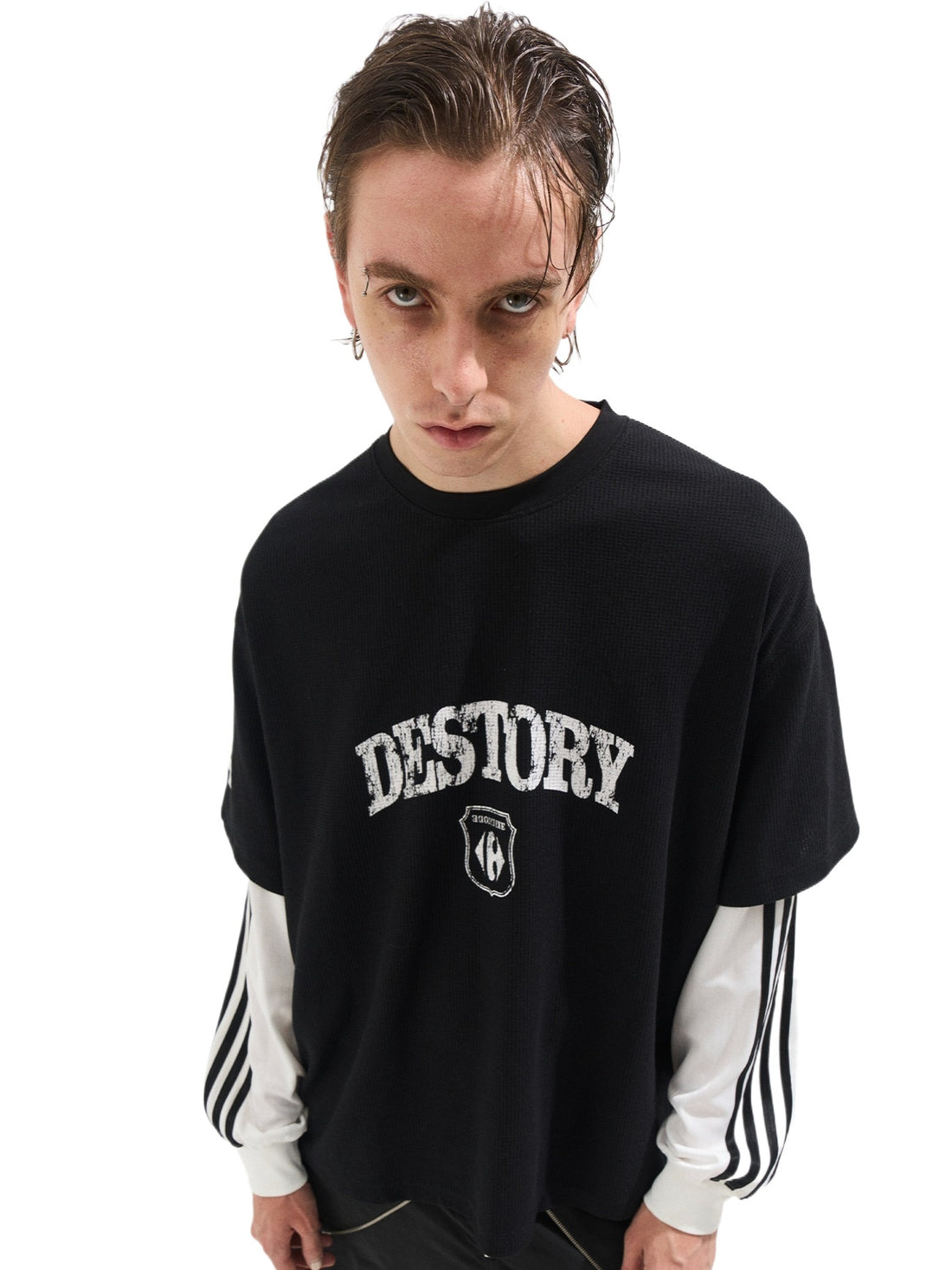 Faded Print Layered-Effect Patchwork Long Sleeve T-Shirt