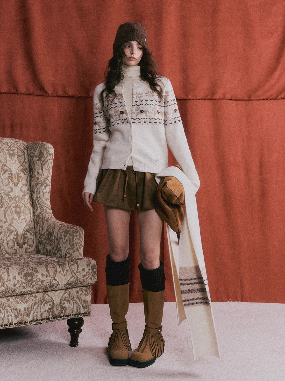 Beaded Suede Puff Mini Skirt