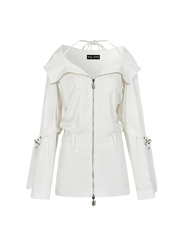 White Oversized Collar Hooded Dress