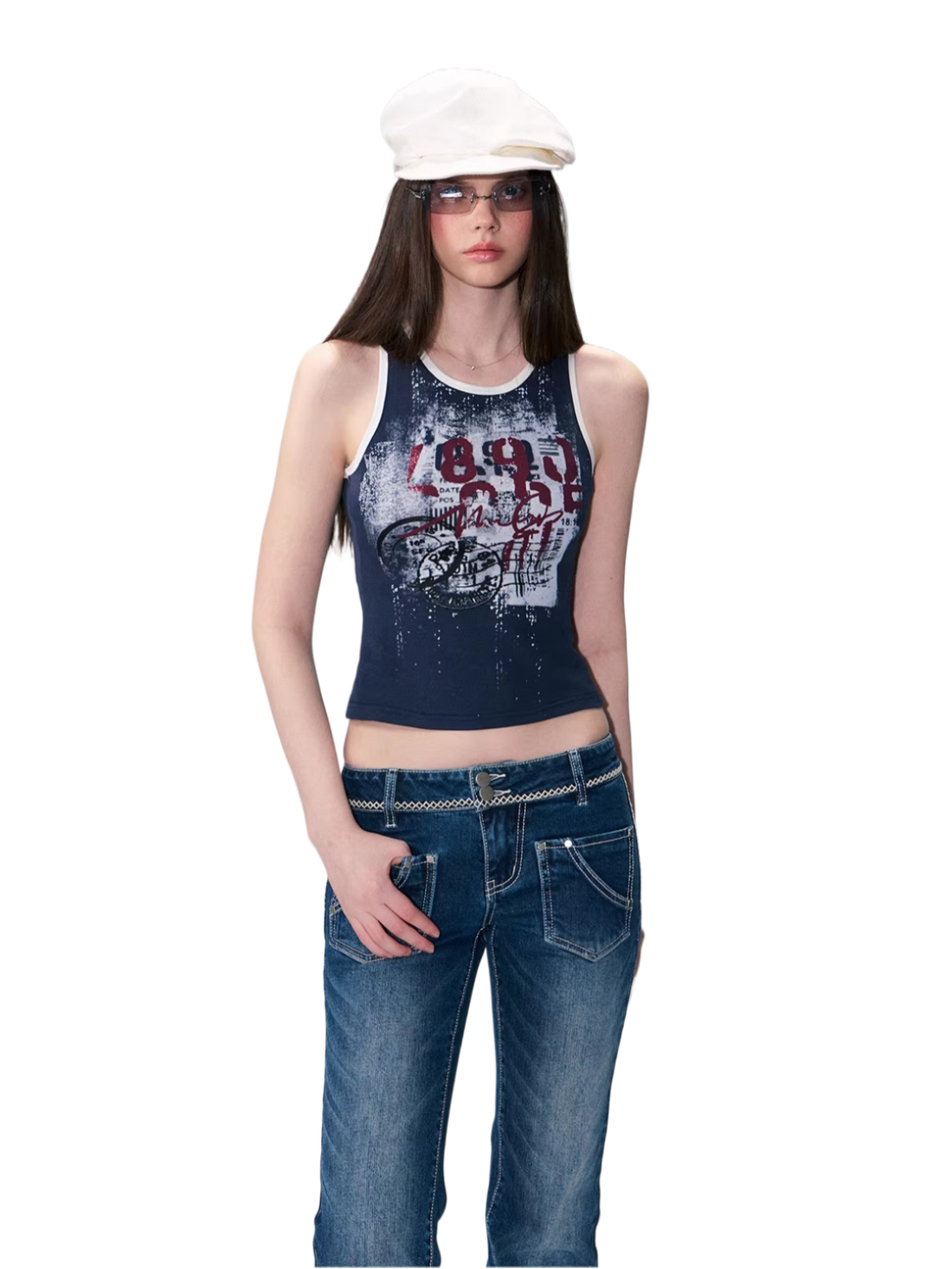 Vintage Graphic Contrast Trim Slim Fit Tank Top