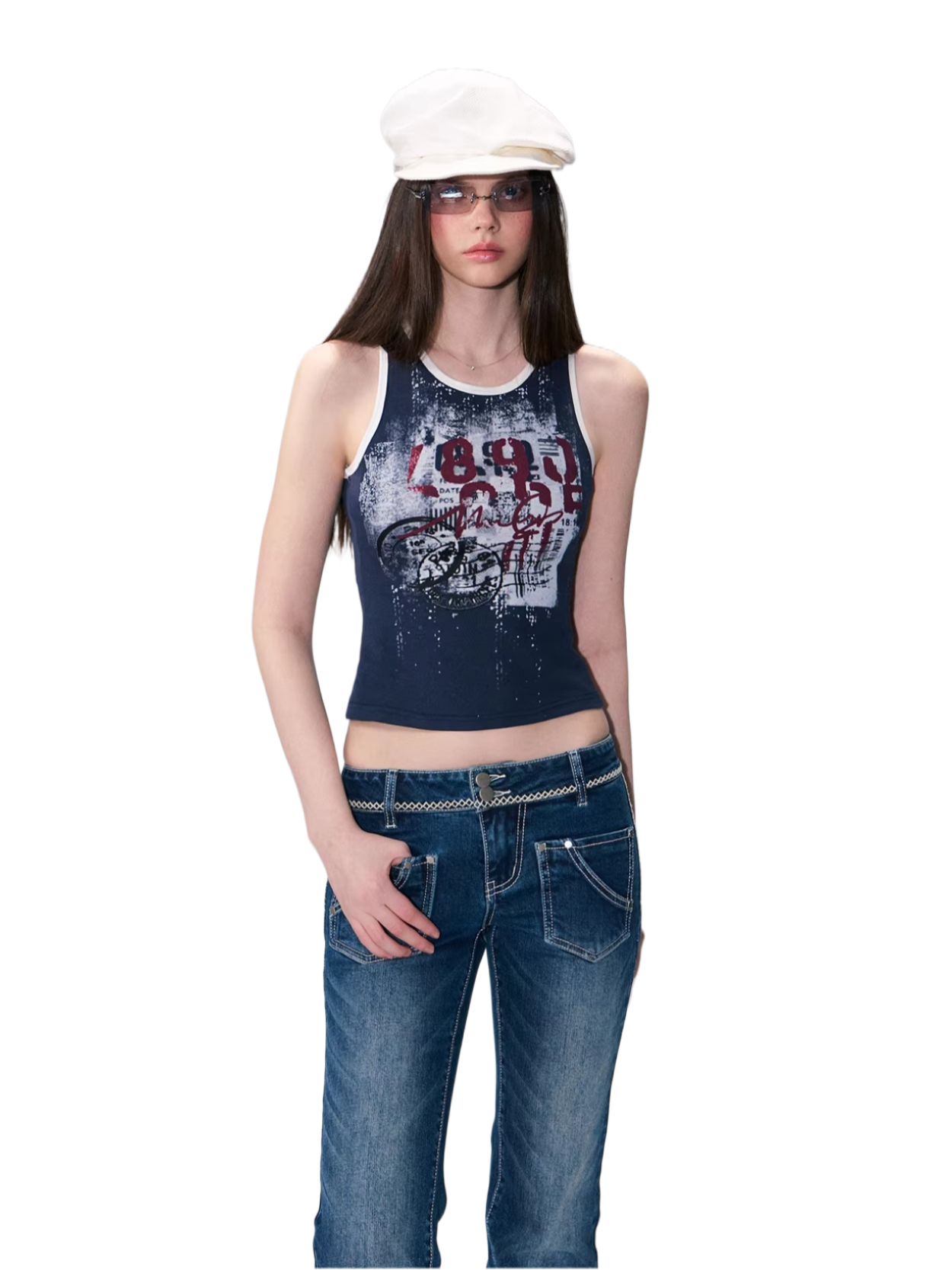 Vintage Graphic Contrast Trim Slim Fit Tank Top