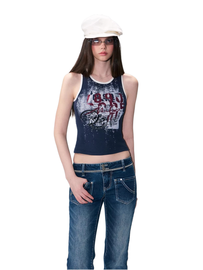 Vintage Graphic Contrast Trim Slim Fit Tank Top