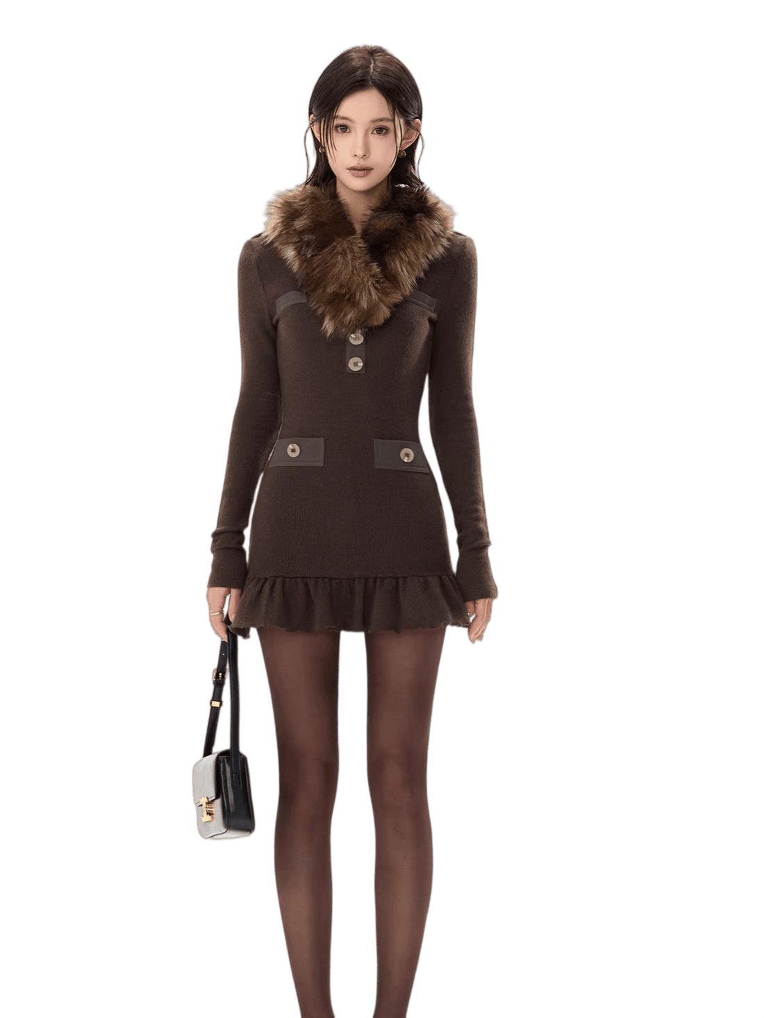 Cold Heiress Detachable Fur-Collar Mini Dress