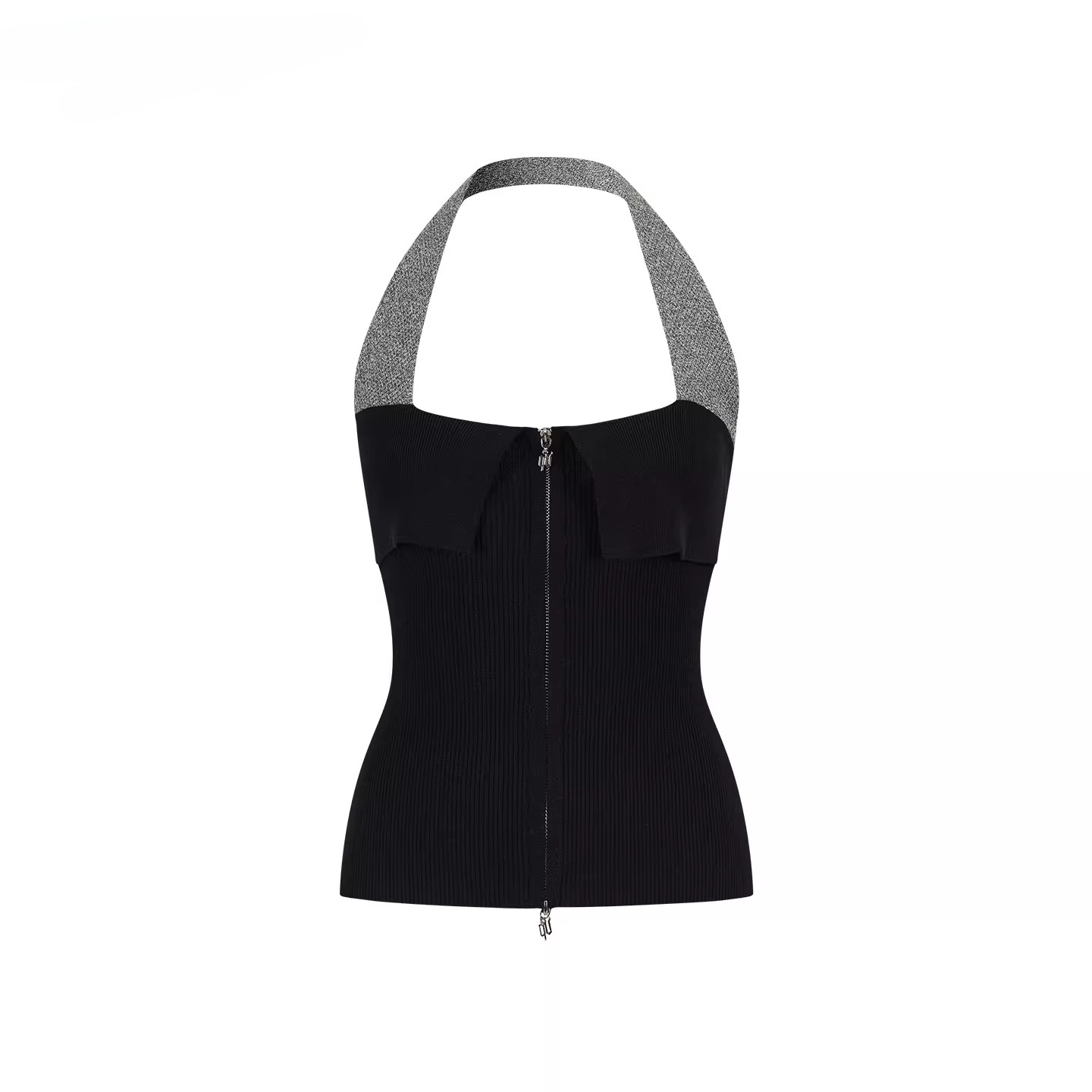 Contrast Halter Zip-Up Knit Tank Top