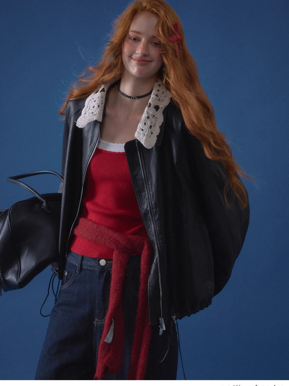 Detachable Collar Zip-Up Leather Jacket