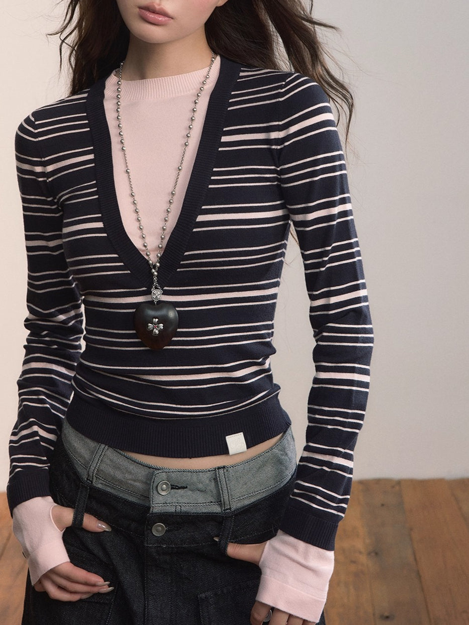 Contrast Stripe Fitted Knit Crewneck
