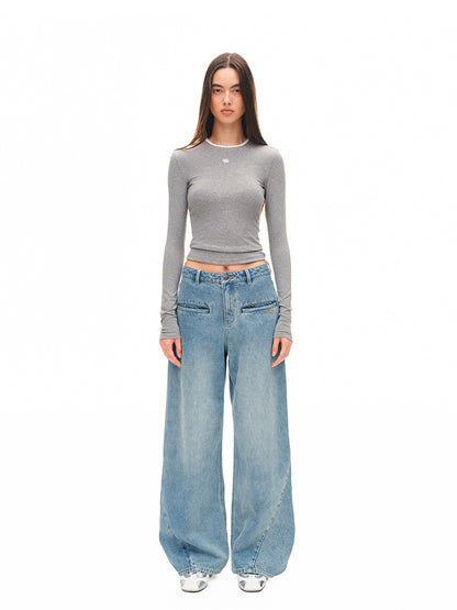 Contrast-trim Regular-shoulder Long-Sleeve T-shirt - CHINASQUAD