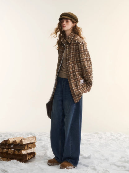 Oversized Lace-Trim Patchwork Plaid Shirt