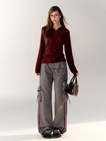 Striped Tape Drawstring Loose Wide-Leg Pants