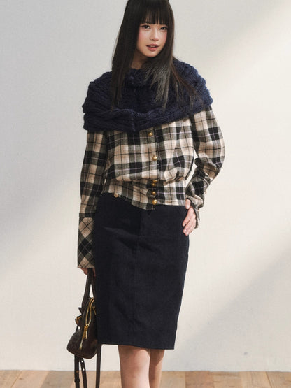 Vintage Plaid Contrast-Panel Fitted Shirt Crewneck