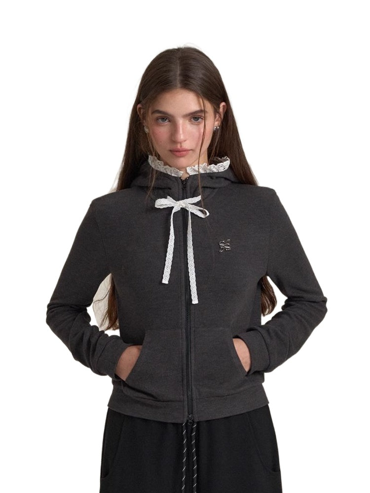 Lace Trim Tie Double Zipper Hoodie