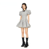 Black & Grey Bow Tie Puff Sleeves Mini Dress - CHINASQUAD