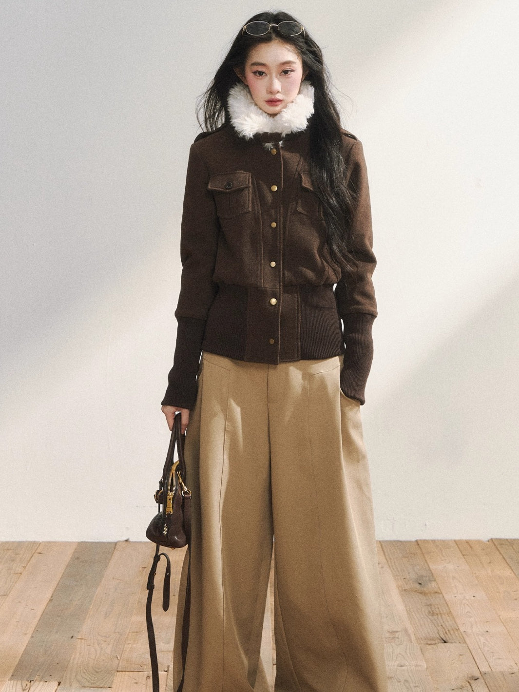 Vintage-Inspired Brown Fleece Lining Wool-Blend Jacket
