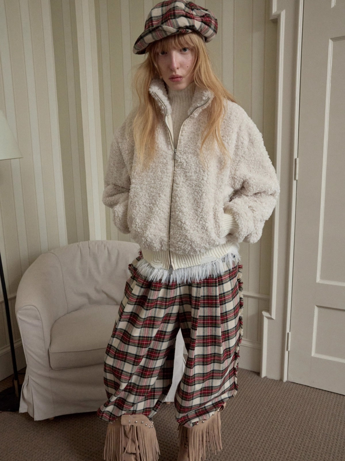 Cable-Knit Faux-Fur Trim Fitted Sweater