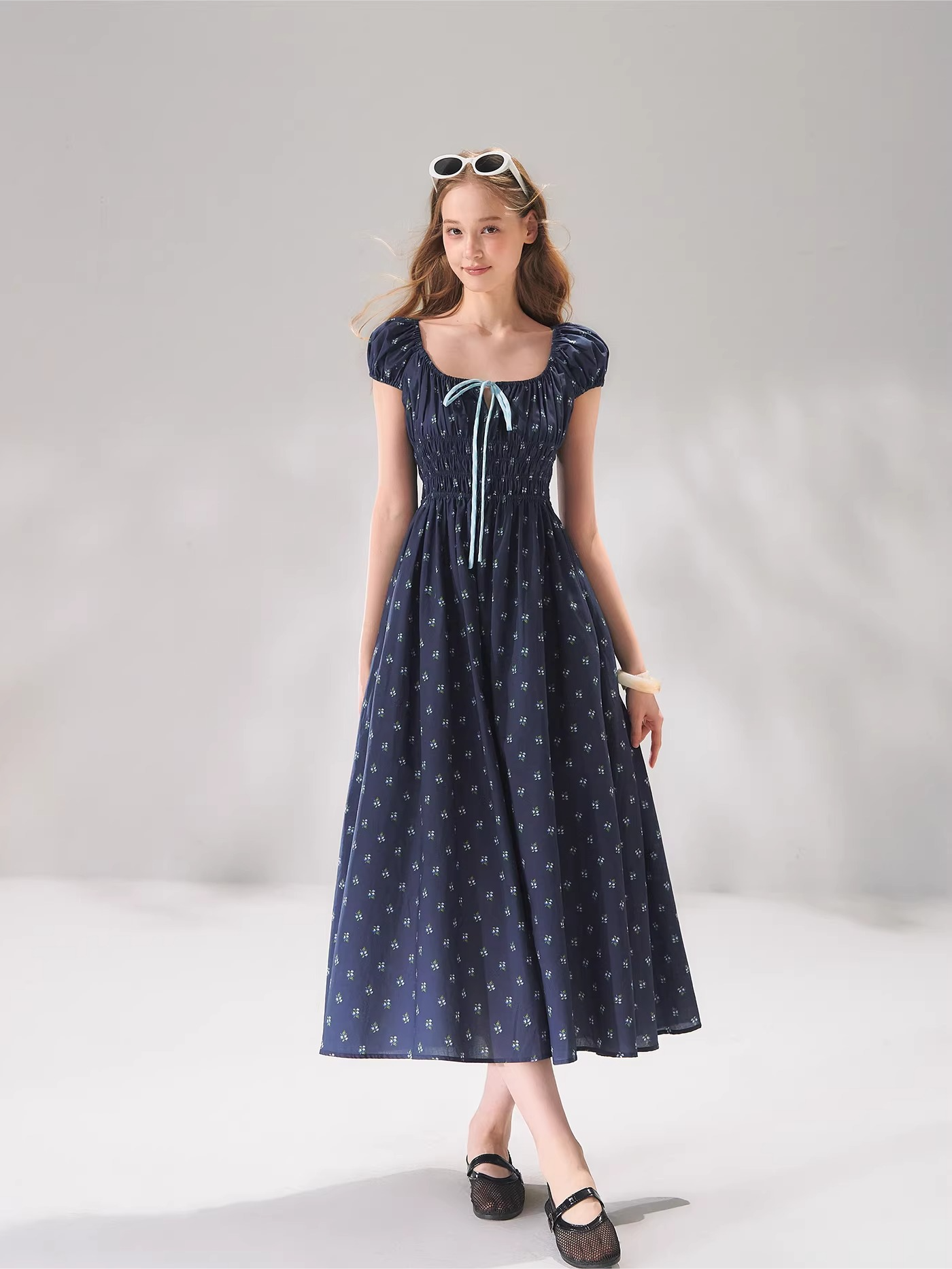 French Floral Tie-Waist Square Neck Puff Sleeve Dress