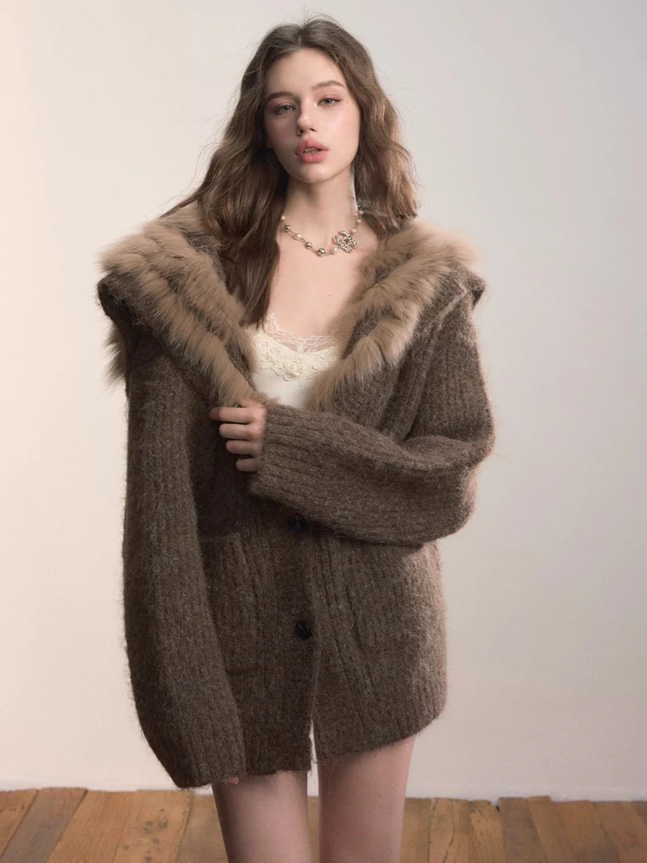 Fox Fur Collar Plush Knit Cardigan