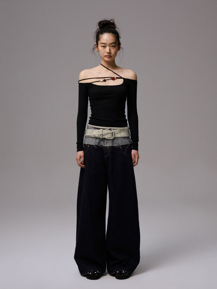 Double Waistband Raw Denim Wide-Leg Jeans - CHINASQUAD
